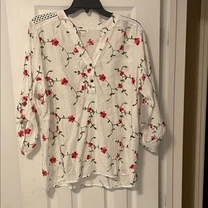 Floral Button-Up Blouse with Red Accents